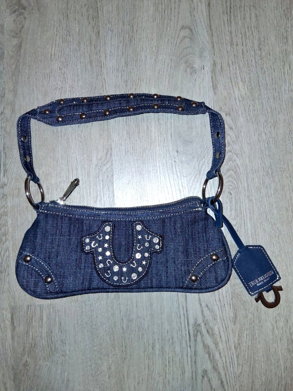 True Religion Rhinestone Bling Studded Blue Jean Denim Small Baguette Purse Bag